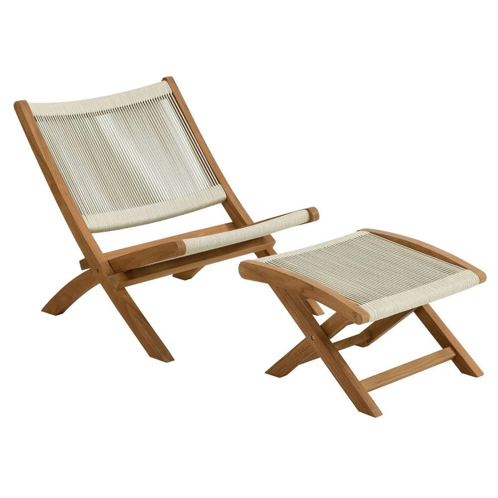 Vienna 2-Piece Outdoor Patio Teak and Rope Folding Accent Lounge Chair and Ottoman Set in Natural Natural
