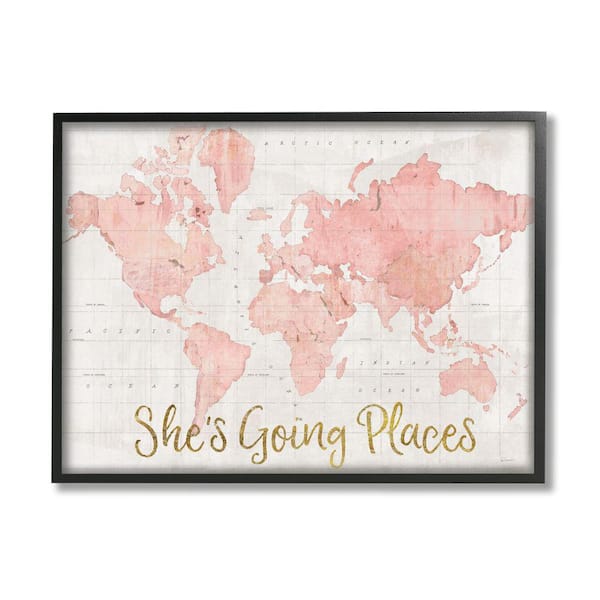 Stupell Industries "She's Going Places Quote Pink Watercolor World Map" by Sue Schlabach Framed Travel Wall Art Print 16 in. x 20 in.