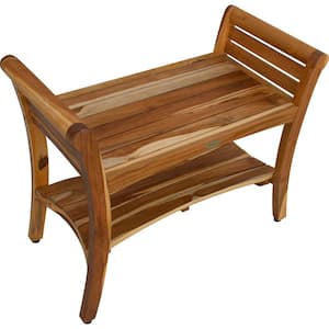 EarthyTeak Symmetry 29 in. Teak Shower Bench with Shelf And LiftAide Arms