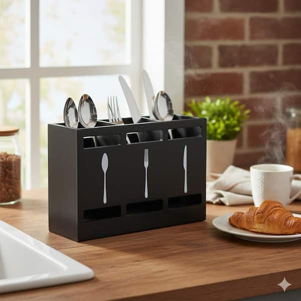 Black Wood Silverware Organizer Utensil Holder with Three Compartments Non-Slip Flatware Caddy for Countertop