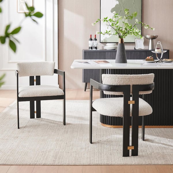 Artistry White Boucle Dining Chair with Metal Frame Upholstered Accent Armchair for Kitchen Living Room Set of 2