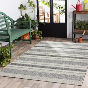 Silveria Patio Gray/Black 7 ft. 9 in. x 9 ft. 9 in. Modern Distress Striped Indoor/Outdoor Rectangle Area Rug