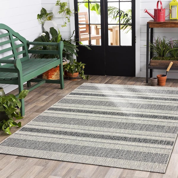 Silveria Porch Gray/Black 5 ft. x 8 ft. Modern Distress Striped Indoor/Outdoor Rectangle Area Rug