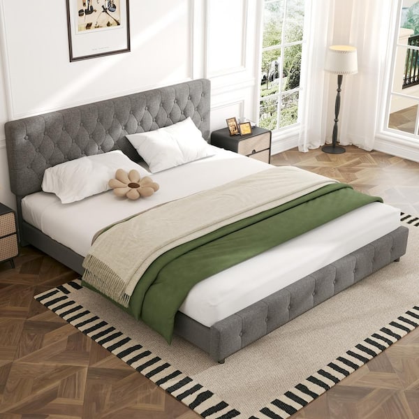 JEAREY Grey King Linen Upholstered Storage Platform Bed Frame with Headboard