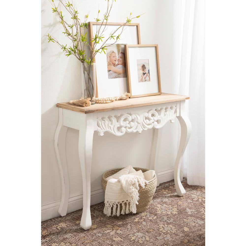 Antonella Rustic Brown and White Carved Wood Console Table