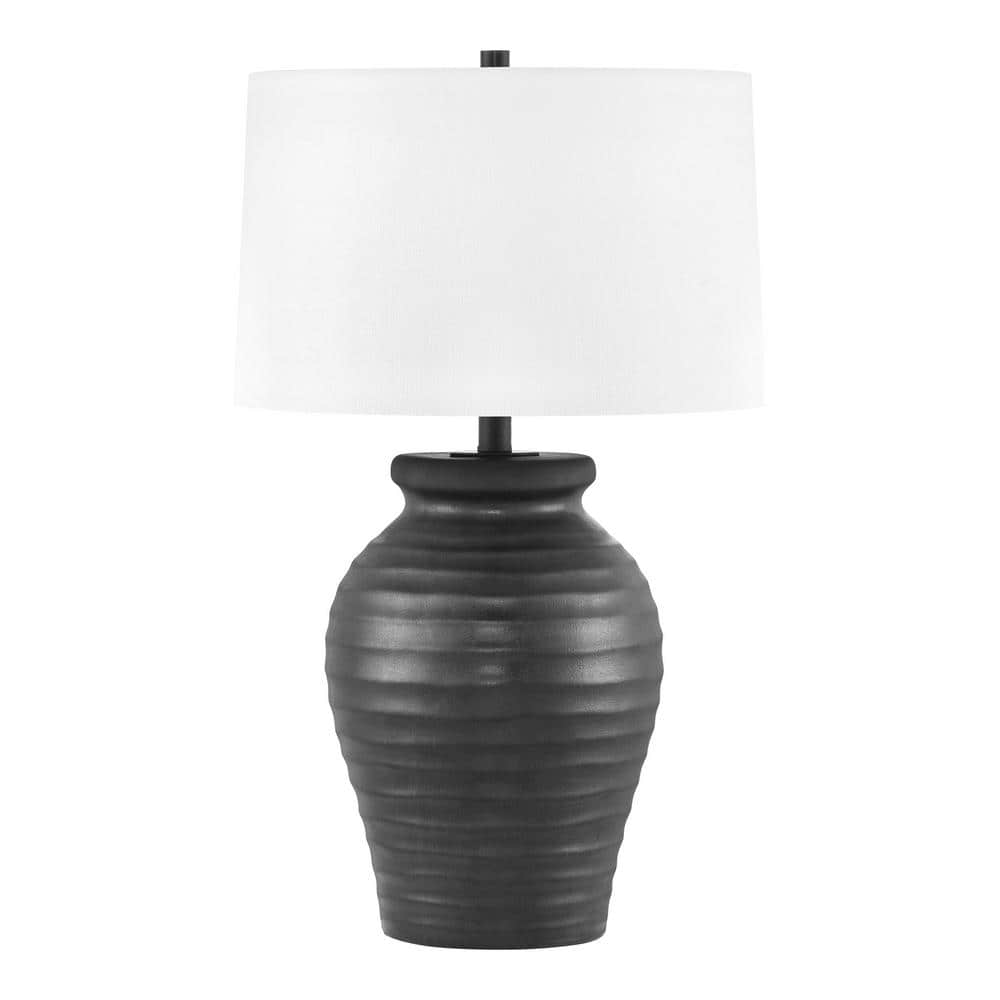 Prestwick 23.75 in. Black Artisan Ceramic Table Lamp with White Linen Bell Shade