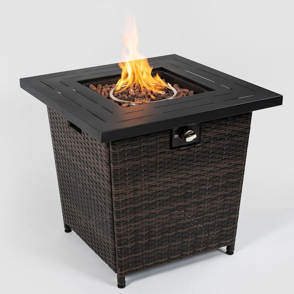 28 in. Square 50000 BTU Brown Wicker Propane Outdoor Fire Pit Table with Steel Tabletop, Lid and Lava Rocks