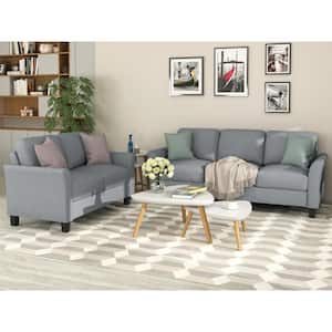 76 in. Wide Flared Arm Linen Mid-Century Modern Straight Reclining Sofa in Gray and Loveseat Set