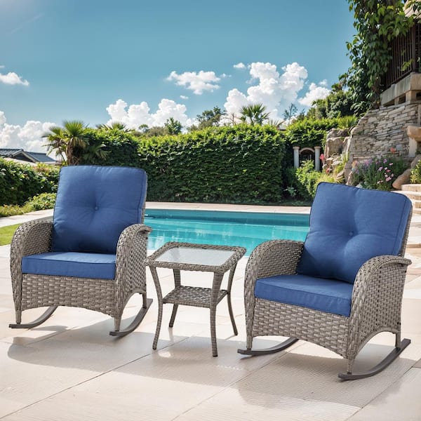 PlainCurve 3-Piece Gray Wicker Outdoor Rocking Chairs Patio Conversation Set with Olefin Blue Cushions