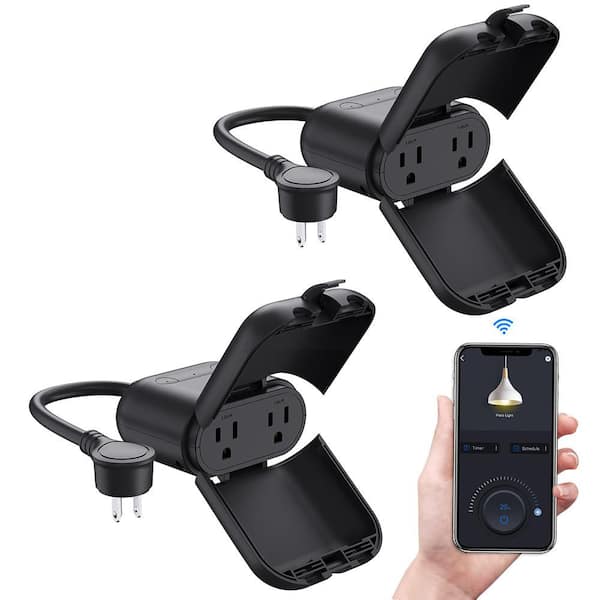 Outdoor Smart Plug with 2 outlets, Works with Alexa and Google Home, Voice and Remote Control (2 pack, Black)