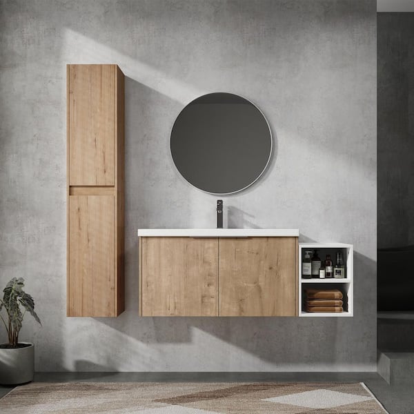 47.4 in. Single Sink Floating Imitative Oak Bath Vanity with White Resin Top, Open Shelf, 2-Side Cabinets Unassembled