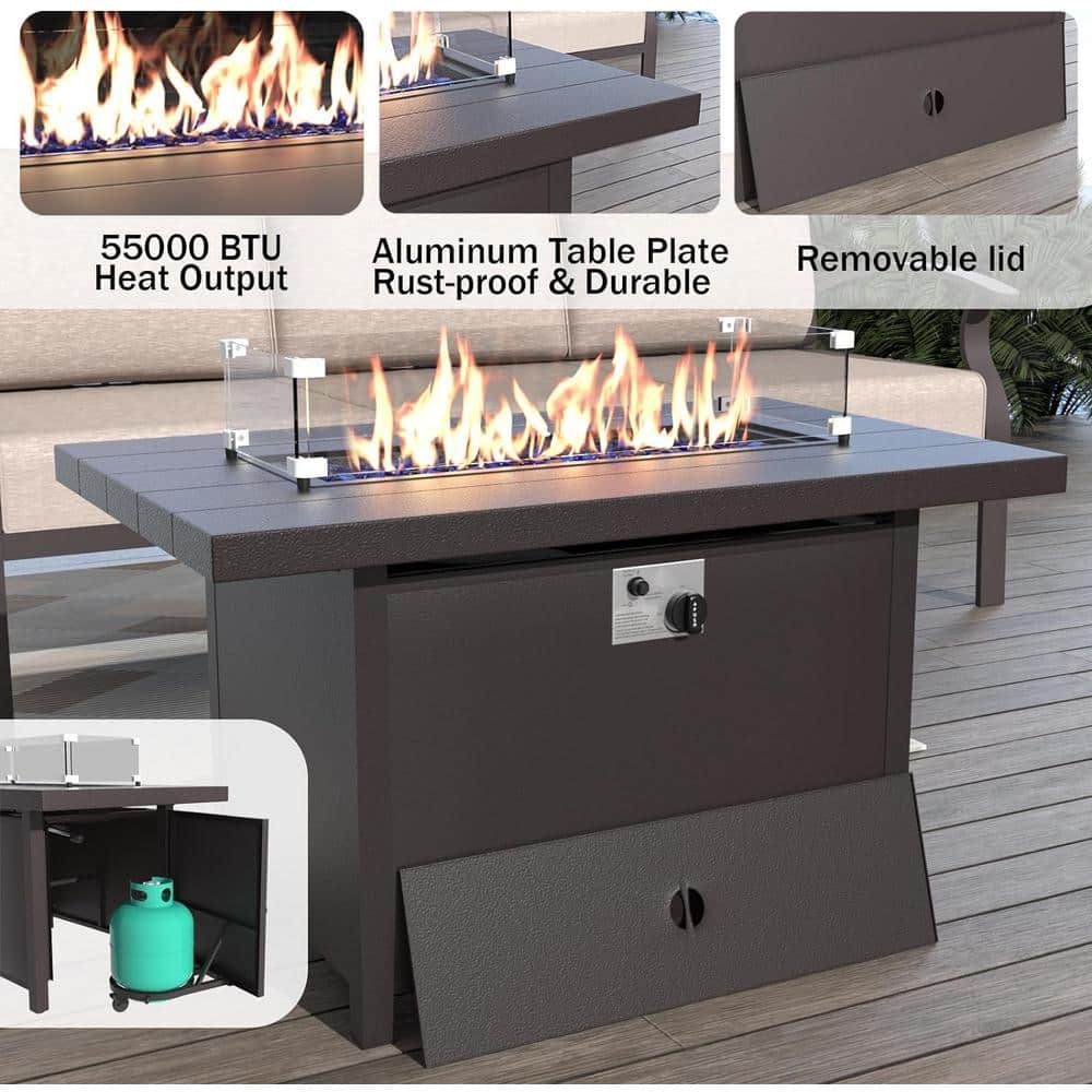 6-Piece Sand Aluminum Patio Set with Fire Pit Table