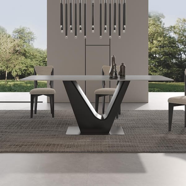 Modern Rectangle Black Lauren Black Gold Stone Top 62.99 In Stainless Steel Gunmetal Gray Pedestal Dining Table (6 Seat)