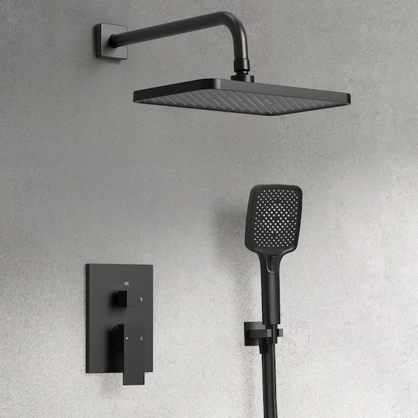 GRANDJOY 12 in. Wall Mount 1-Handle 2-Spray 3-Function Handheld Tub and Shower Faucet 1.8 GPM in Black Pressure Balance Valve