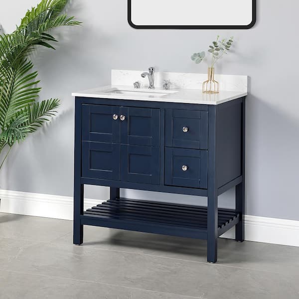 Zeus & Ruta 36 in. W x 22 in. D x 35.6 in. H Freestanding Bath Vanity in Blue with White Marble Single Sink