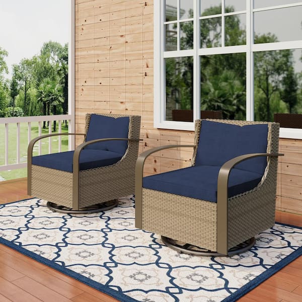 INMITOM 2-Piece Outdoor Wicker Swivel Patio Lounge Chair Set with Blue Cushions