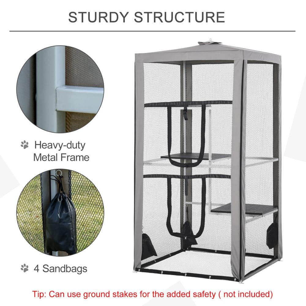 Tall Gray Metal Outdoor Cat Enclosure with Platforms