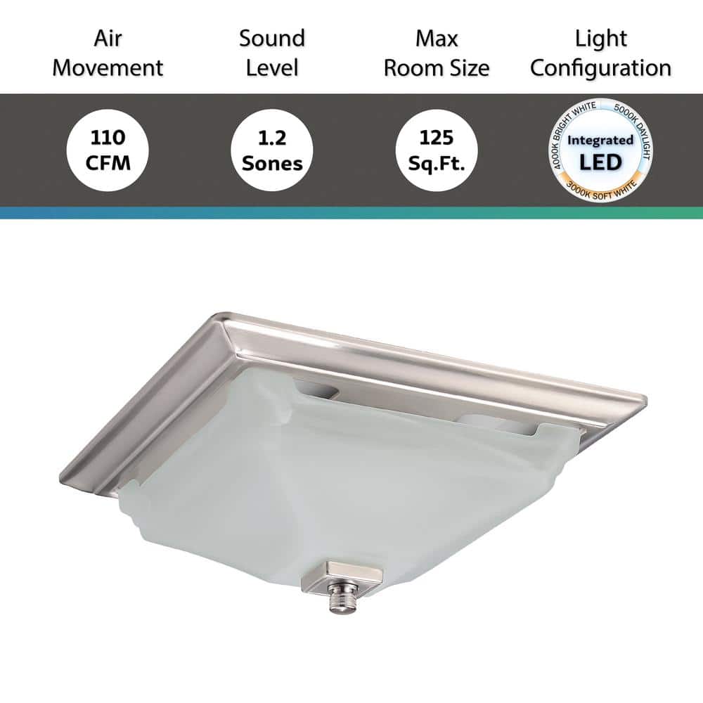 Square Brushed Nickel LED Ceiling Exhaust Fan with Frosted Glass