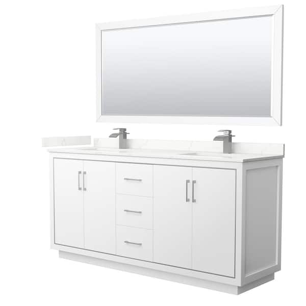 Wyndham Collection Icon 72 in. W x 22 in. D x 35 in. H Double Bath Vanity in White with Giotto Quartz Top and 70 in. Mirror