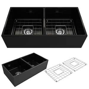 Contempo Farmhouse Apron Front Fireclay 36 in. Double Bowl Kitchen Sink with Bottom Grid and Strainer in Matte Black