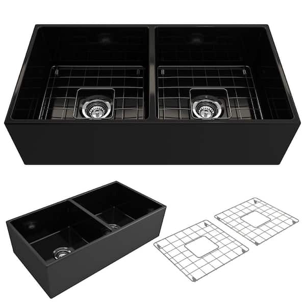 BOCCHI Contempo Farmhouse Apron Front Fireclay 36 in. Double Bowl Kitchen Sink with Bottom Grid and Strainer in Matte Black