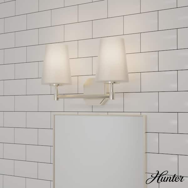 Hunter Nolita 16 in. 2-Light Brushed Nickel Vanity Light with Cased White Glass Shades