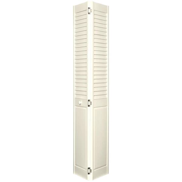 Home Fashion Technologies 2 in. Louver/Panel Behr Antique White Solid Wood Interior Bifold Closet Door-DISCONTINUED