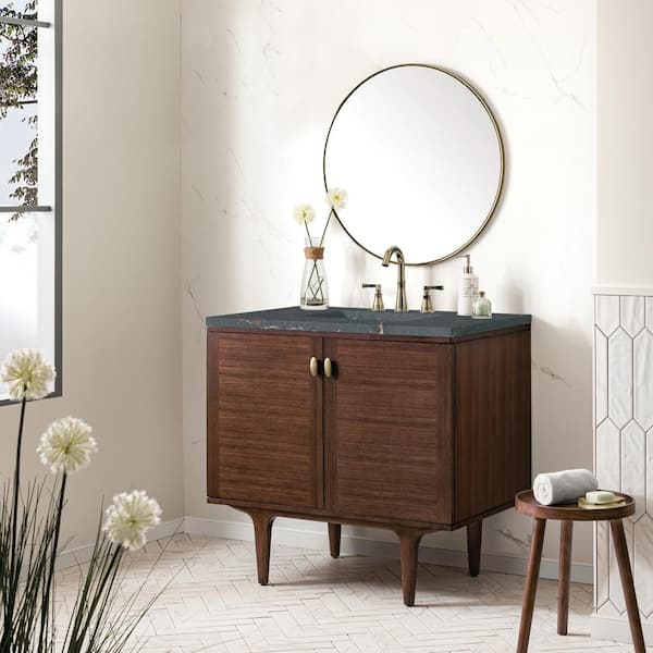 James Martin Vanities Amberly 36.0 in. W x 23.5 in. D x 34.7 in. H Single Bathroom Vanity Mid-Century Walnut and Parisien Bleu Quartz Top