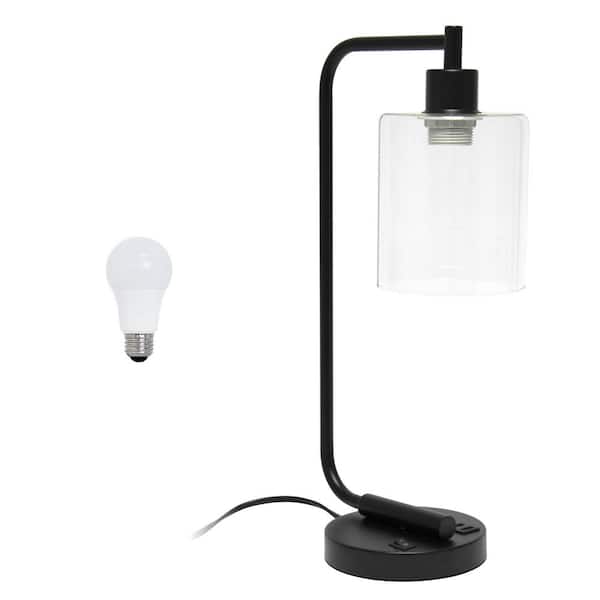 Lalia Home 18.8 in. Black Modern Iron Task & Reading Desk Lamp with USB Port and Glass Shade with LED Bulb