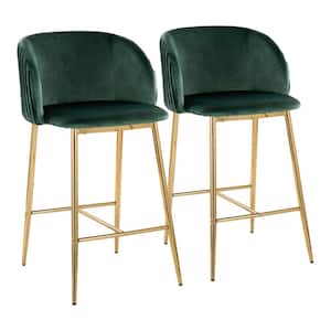 Fran Pleated 36 in. Green Velvet and Gold Metal High Back Counter Height Bar Stool (Set of 2)