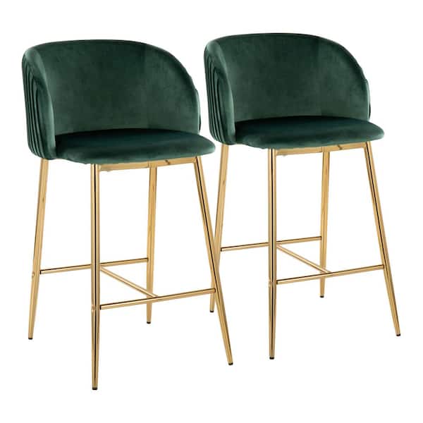 Lumisource Fran Pleated 36 in. Green Velvet and Gold Metal High Back Counter Height Bar Stool (Set of 2)