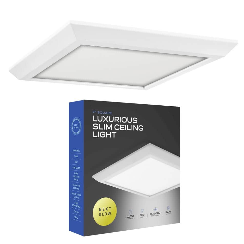 NEXT GLOW Ultra Slim Luxurious Edge-lit, 7 in. Square White, 3000K LED Easy  Installation Ceiling Light Flush Mount (1-Pack) NG2186 - The Home Depot