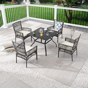 5-Piece Wicker Square Outdoor Dining Set with White Cushions