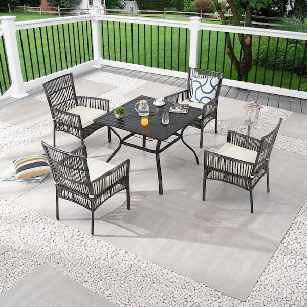 Patio Festival 5-Piece Wicker Square Outdoor Dining Set with White Cushions