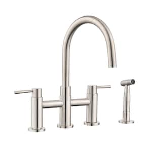 Deck Mount Double Handle Bridge Kitchen Faucet with Side Spray in Brushed Nickel