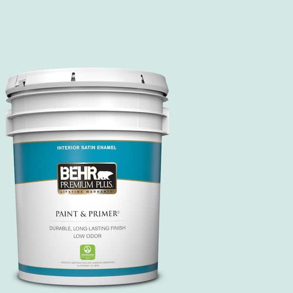 BEHR PREMIUM PLUS 5 gal. #T14-5 Sky Blue Satin Enamel Low Odor Interior Paint & Primer