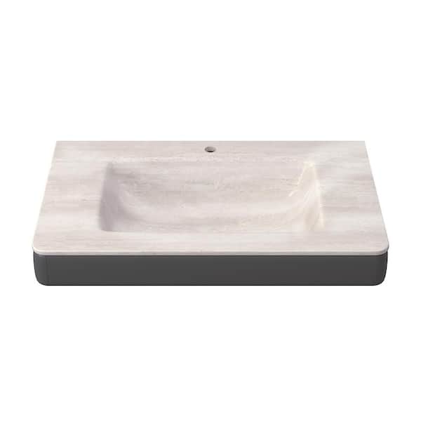 36 in. W x 22 in. D x 6 in. H Engineered Stone Limestone Plate Bathroom Wall-Mount Sink in Beige with Faucet Hole