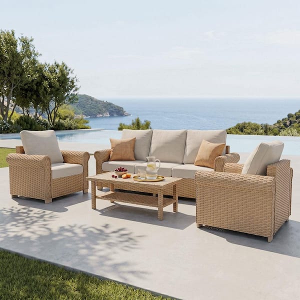 4-Piece Wicker Outdoor Sectional Set with a Coffee Table and Beige Cushions