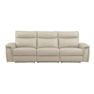 Verkin 110 in. W Straight Arm Leather Rectangle Power Double Reclining Sofa with Power Headrests in Taupe