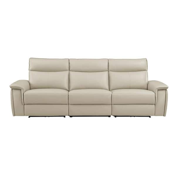 Lazzara Verkin 110 in. W Straight Arm Leather Rectangle Power Double Reclining Sofa with Power Headrests in Taupe