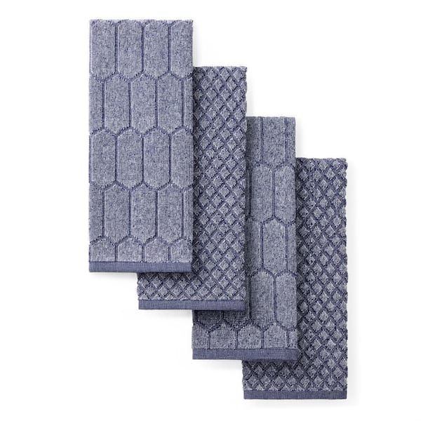 Honeycomb Chambray Solid Textured 16 in. x 28 in. Honeycomb Navy Blue Cotton Kitchen Towel Set (4-Piece)
