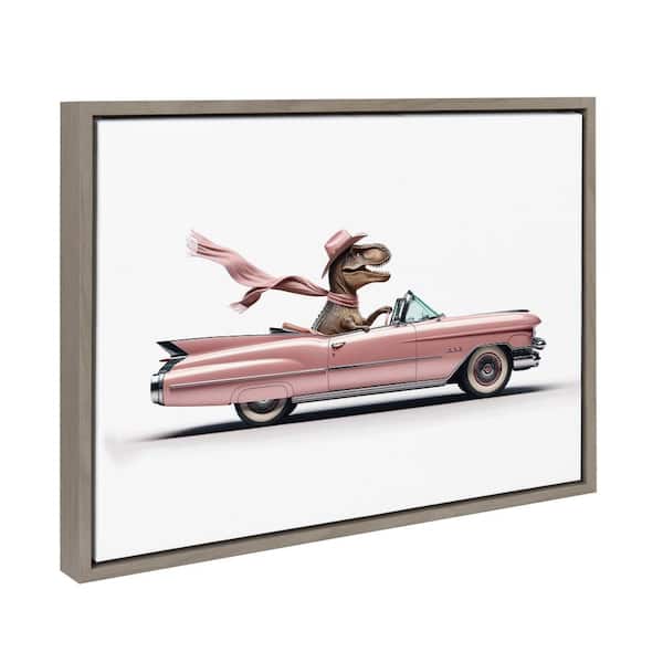 Sylvie Cowgirl Dino Driving 1950s Pink Cadillac by Saint and Sailor Studios Gray Framed Art Print 18 in. x 24 in.