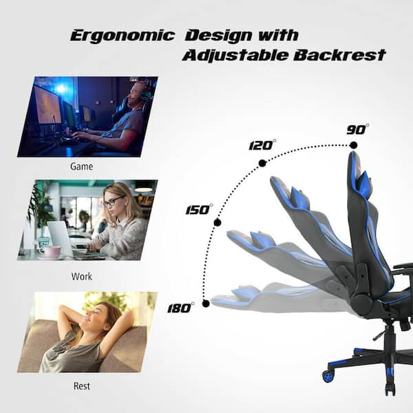 FORCLOVER Blue Leather Reclining Swivel Game Chair with Adjustable Arms and Lumbar Massage Cushion