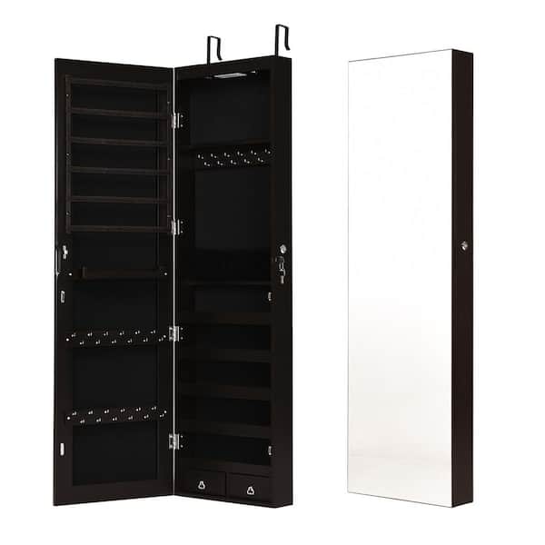 14 in. x 54.5 in. Black MDF Wall Mounted Jewelry Armoire with Full-Length Mirror and Lights