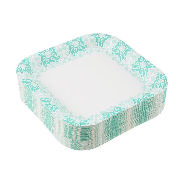 Glad Printed Disposable Paper Plates, 8 1/2 inch | Heavy Duty Soak Proof Paper Plates with Beautiful Teal Printed Design | 50 Count Square 8.5 in.
