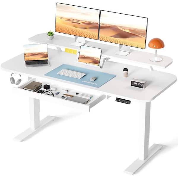 48 in. W x 24 in. D Electric Standing Desk with Drawers White Sit Stand Up Desk with Memory Preset Controller