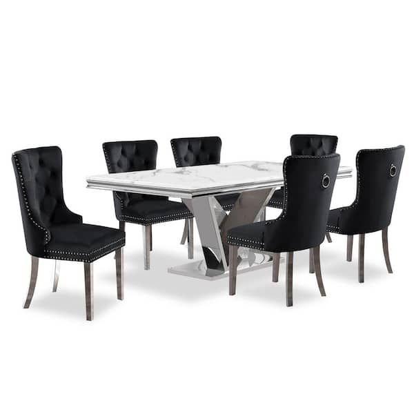 Furniture of America Sharland 7-Piece Rectangle Faux Marble Top Chrome and Black Dining Table Set
