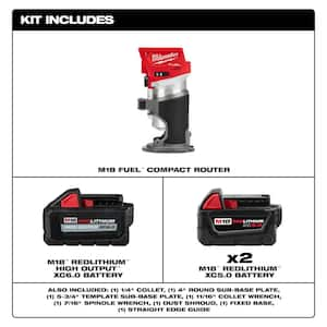 M18 FUEL 18V Lith-Ion Brushless Cordless Compact Router w/M18 (1) High Output 6.0Ah Battery & (2) 5.0Ah Battery