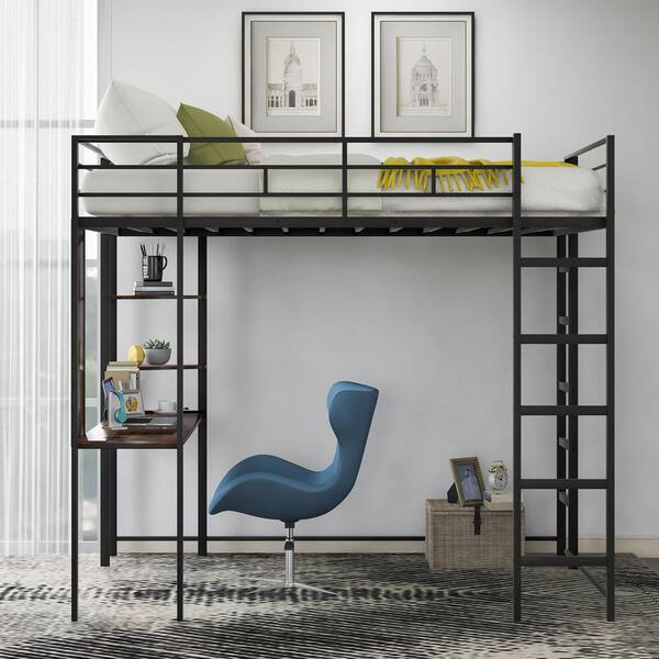 aisword - Black Full Size Metal Loft Bed with 2-Shelves and 1-Desk -