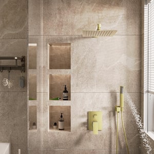 1-Spray Patterns with 2.5 GPM 10 in. Wall Mount Rain Dual Shower Heads in Brushed Gold, Shower System/Faucet Set